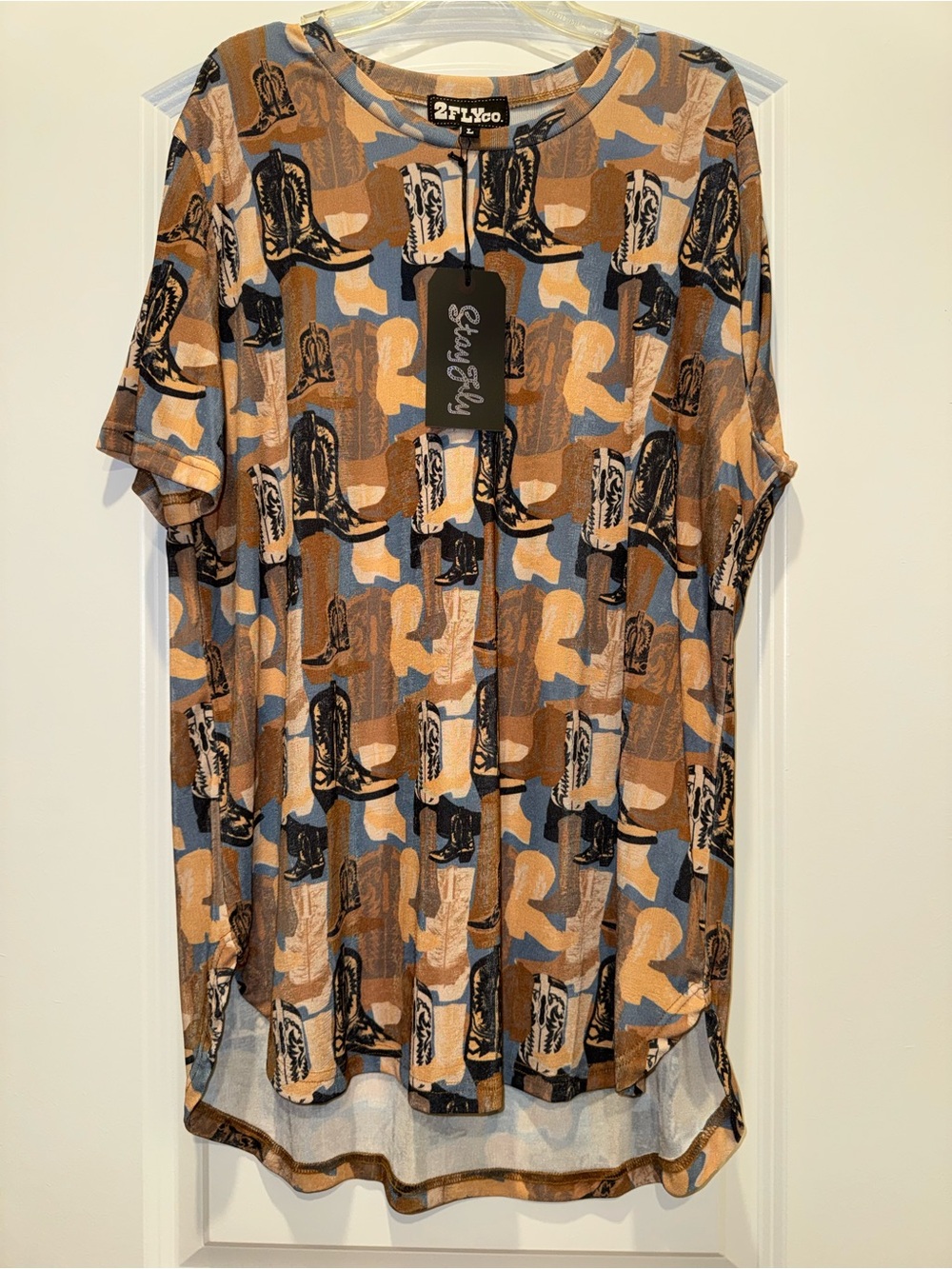 Soft and Slinky Cowboy Boot Print Tunic — Brown/Blue